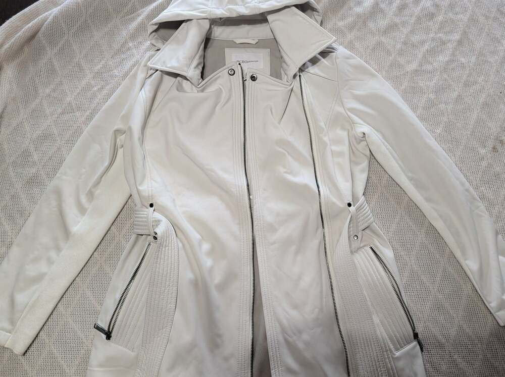 BCBGeneration Women's Hooded Belted Moto Jacket Medium Ivory White Zip Coat